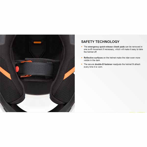 Safety technology: The emergency quick-release cheek pads can be removed in one swift movement if necessary, which will make it easy to take the helmet off