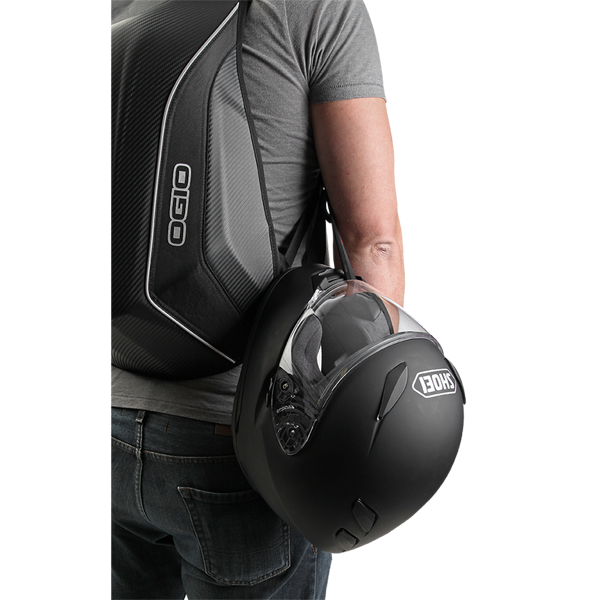 Ogio Mach 5 Motorcycle Backpack with No Drag Technology has an integrated removable helmet carry strap - SAMPLE PICTURE