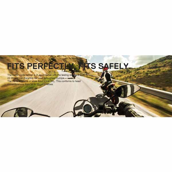 Fits perfectly. Fits safely - The motorcycle helmet is in accordance with the testing standard ECE-R 22.05 and can therefore be used throughout Europe. The R2 is available in sizes from XS to 2XL. This conforms to head circumferences from 52 to 63 cm