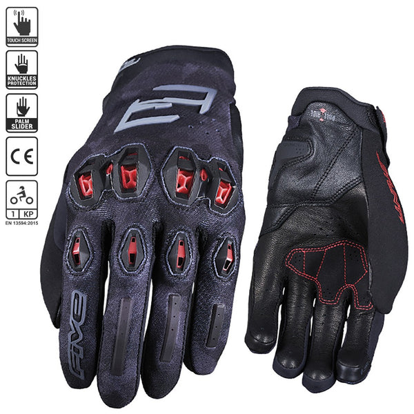 Five Gloves STUNT EVO2 Camo Black / Red Size Medium 9 Motorcycle Gloves