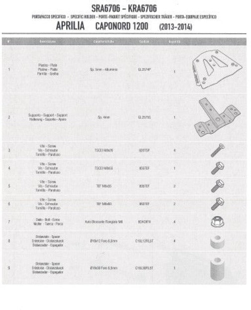 Givi Top Box Mounting Kit Alu Monokey Aprilia Caponord 1200 '13- SRA6706
