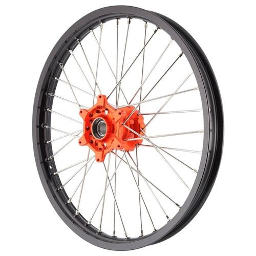 X-Tech MX Mini Wheel Front KTM85 2012 Up Black Rim / Orange Hub / Silver Spokes 1.40x19