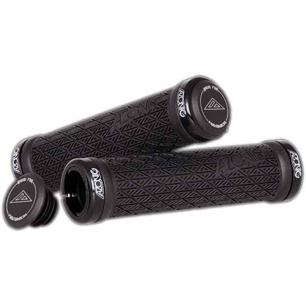 Azonic Logo grips in black colourway - comes as a grip set with collars and plugs