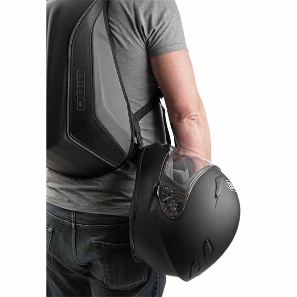 Ogio Mach 3 Motorcycle Backpack with No Drag Technology has an integrated removable helmet carry strap