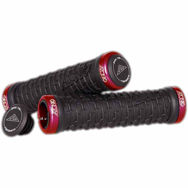 Azonic Razor Wire grips in red colourway - comes as a grip set with collars and plugs