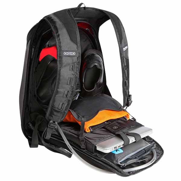 Ogio Mach 5 Motorcycle Backpack with No Drag Technology has an interior padded laptop sleeve with elastic closure which fits most 15" laptops -  SAMPLE PICTURE