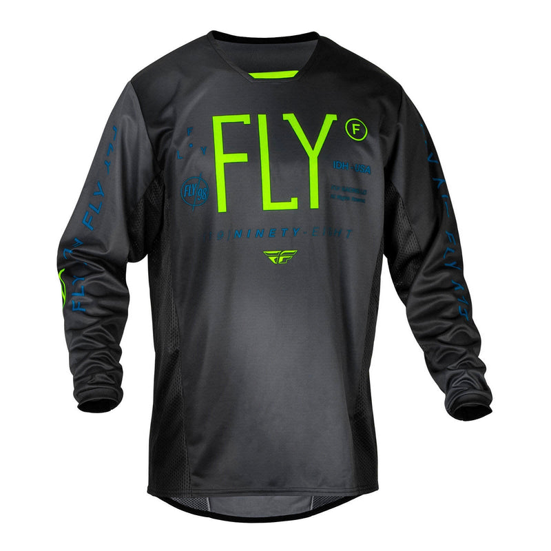 Fly Racing 2024 Youth Kinetic Jersey - Charcoal / Neon Green / True Blue Size YS