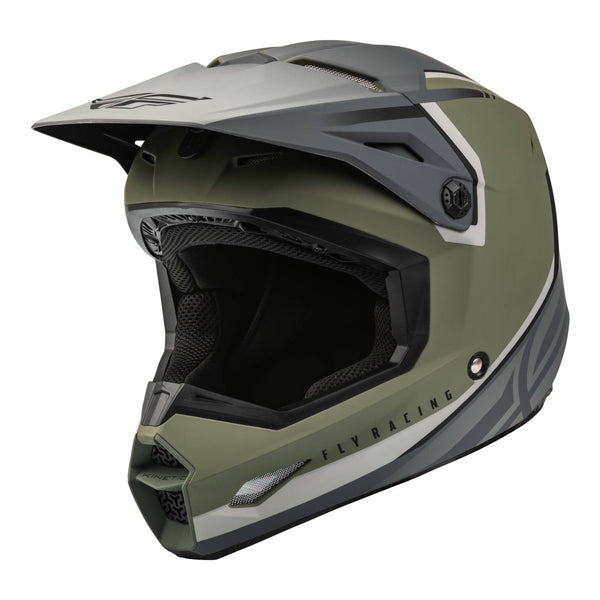 Fly Racing '23 Kinetic Vision Youth Helmet Matte Olive Grn Grey Yl