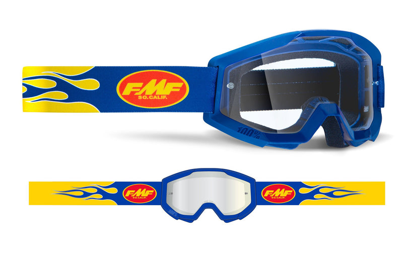 FMF POWERCORE Motocross MX Goggles Flame Navy Blue Yellow - Clear Lens