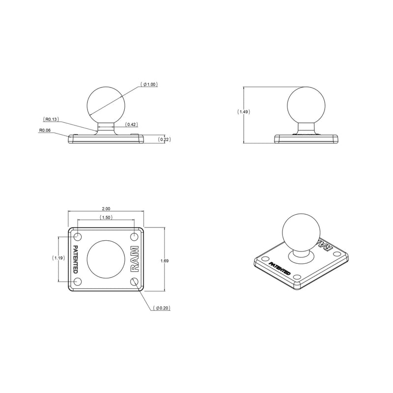 RAM BALL ADAPTER WITH AMPS PLATE (Retail Packaging)