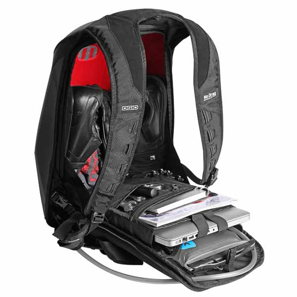 Ogio Mach 3 Motorcycle Backpack with No Drag Technology has a zippered fleece lined personal electronics/valuables pocket