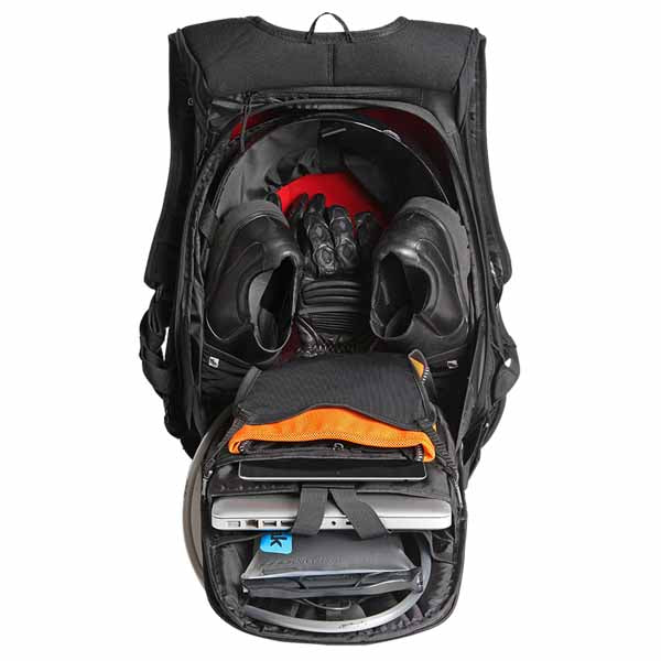 Ogio Mach 5 Motorcycle Backpack with No Drag Technology has a large main compartment with adjustable load divider and multiple interior storage compartments - SAMPLE PICTURE