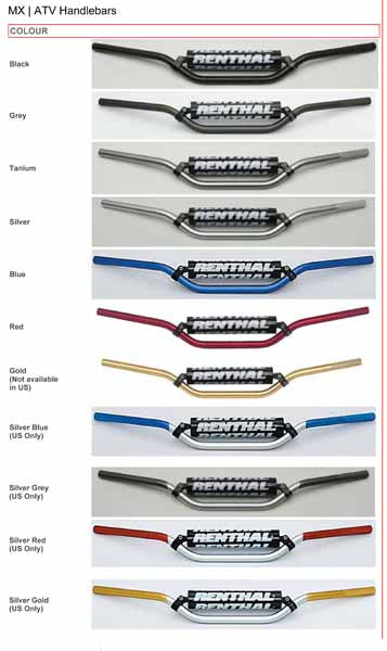 Renthal 7/8th ATV and offroad handlebars are available in a range of colours - not all available for the New Zealand market and varies with bends