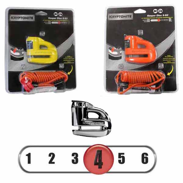 Kryptonite Keeper 5-S2 Disc Lock in Black Chrome, Matte Yellow and Matte Orange, all come with a reminder cord