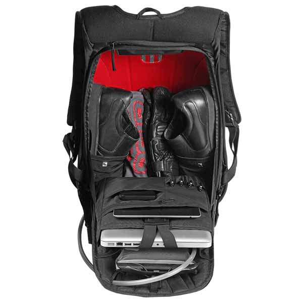 Ogio Mach 3 Motorcycle Backpack with No Drag Technology has a dedicated stretch mesh shoe storage for the commuitng professional and interior padded laptop sleeve with elastic closure which fits most 15" laptops
